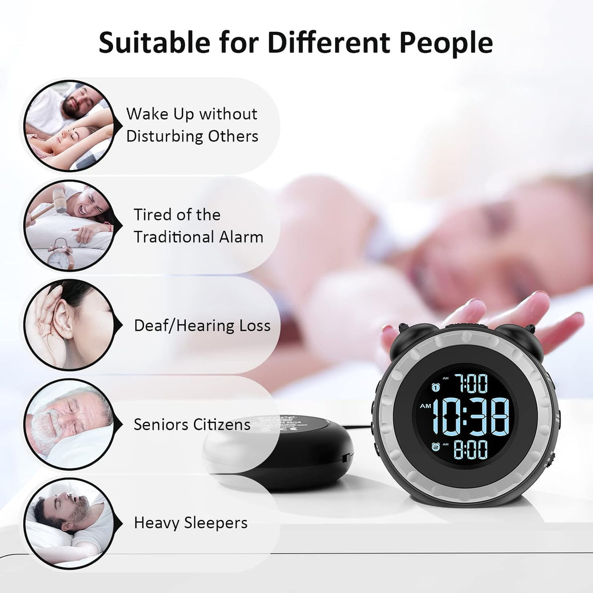 uscce Loud Dual Alarm Clock with Powerful Adjustable Bed Shaker