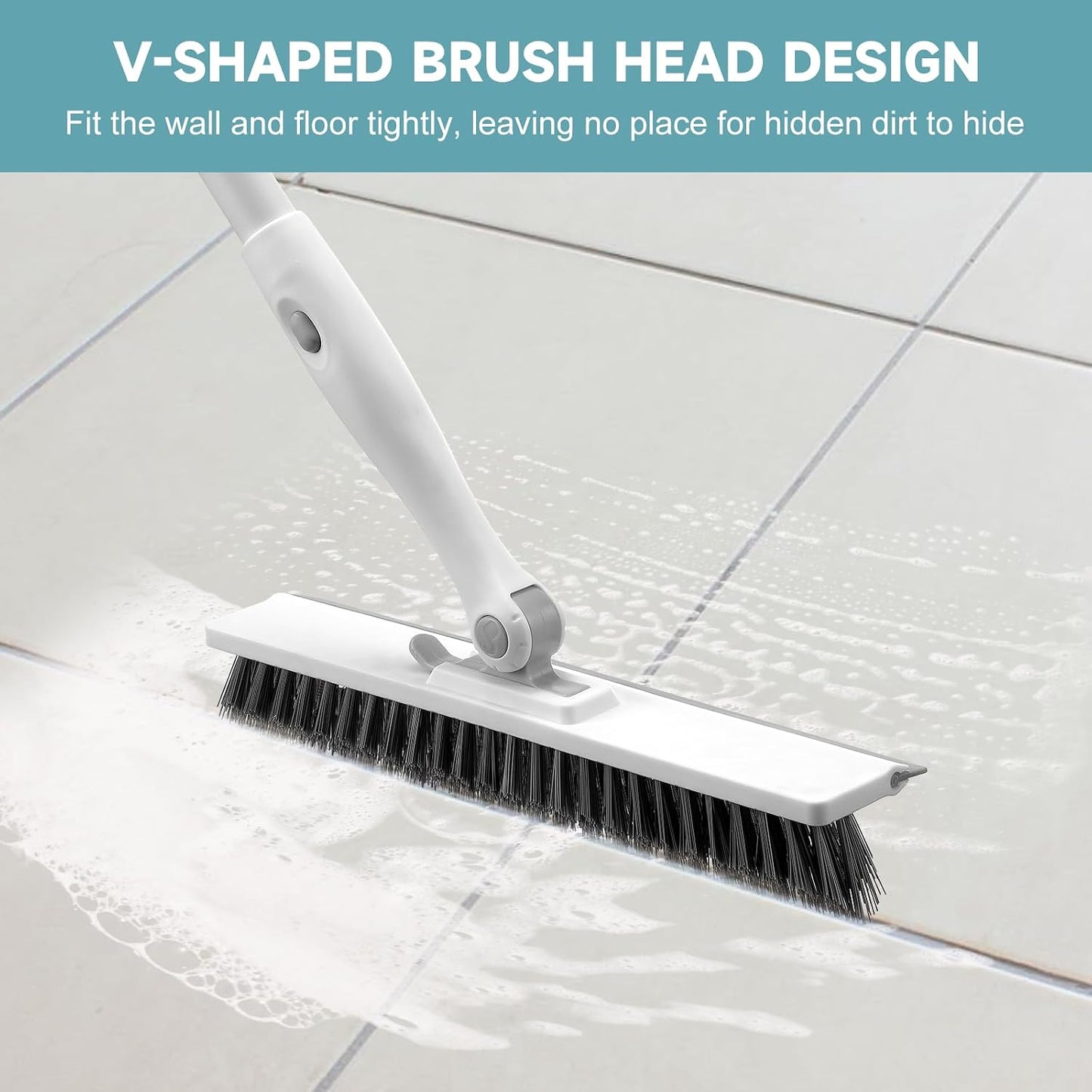 nacena Shower Scrubber with Long Handle, 4 in 1 Tile Tub Scrubber Brush with 3 Detachable Cleaning Heads and V-Shaped Grout Brush Shower Cleaner Brush for Bathroom Kitchen Toilet Tub Sink Wall, Black