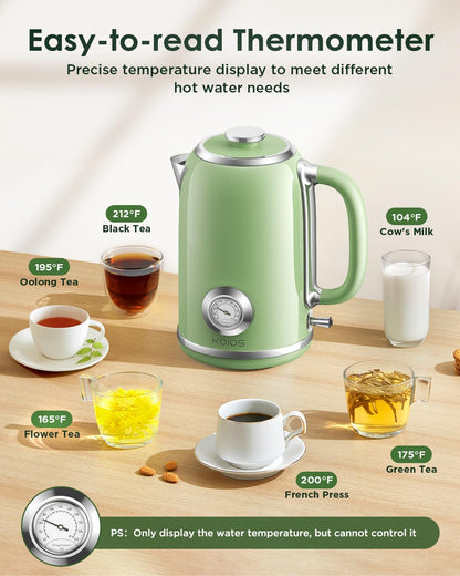 Electric Kettle 1.8L with Temperature Gauge, 1500W Fast Boiling Electric Tea Kettle, 100% Stainless Steel Retro-Style Hot Water Kettle Electric - Glowing LED Light, Auto Shut-Off & Boil-Dry Protection