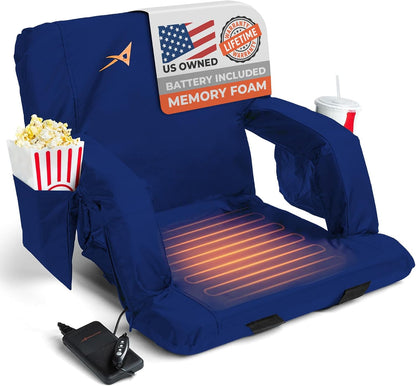 Heated Stadium Seats for Bleachers with Back Support – USB Battery Included - Upgraded 3 Levels of Heat - Foldable Chair - Cushioned, 4 Pockets for Snacks, Cup Holder - for Camping, Games & Sports