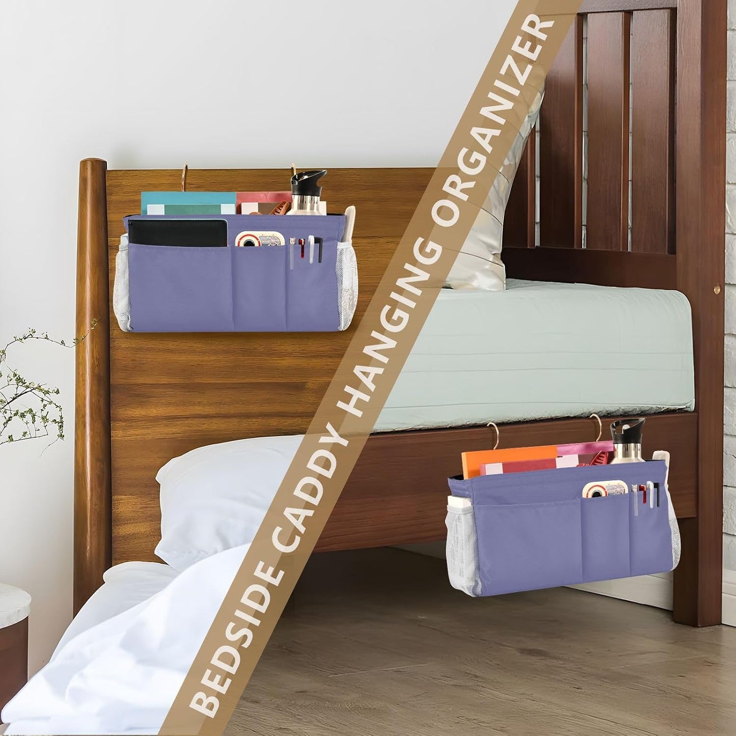 Black Bedside Caddy Storage Bag Bedside Organizer for Bed Rails College Dorm Room Organizer Caddy Hanging Shelf 6 Pockets with Hooks for Drinks Magazine Phone Holder
