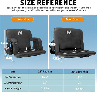 Wide Heated Stadium Seat for Bleachers w/Back Support & Cushion | 5-Position Adjustable Heated Stadium Seat with Armrests, 3 Heat Levels, Anti-Slip, Side Pockets, Backpack Straps (No Battery)