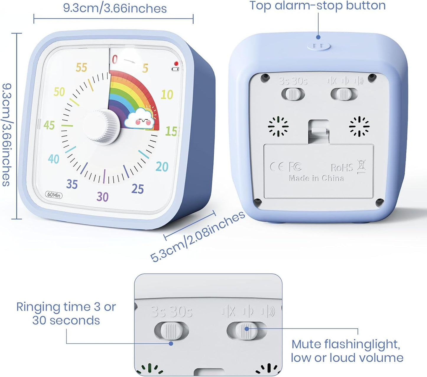 Yunbaoit Rainbow Visual Timer for Kids, 60-min Countdown Timer, Blue | Protective Case, No Ticking, Mute and Ringing Alarm Available, Time Management Tool, Low Power Reminder, for Study,Game,Work