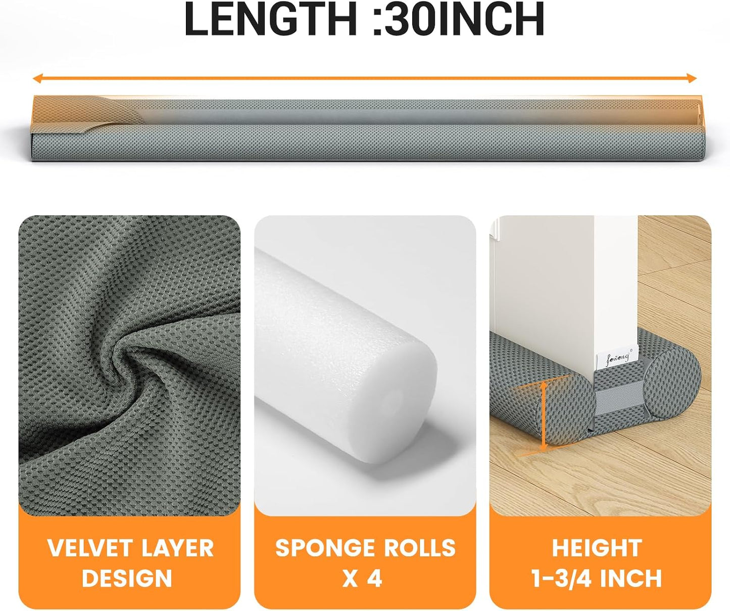 fowong Door Draft Stopper, 36" Adjustable Under Door Noise Stopper, Grey | Durable Door Draft Blocker Helps to Seal Door Gaps, Reduce Drafts, Noise, Dust & Light, Fit Doors 30"–36", Easy to Install