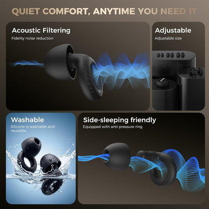 Ear Plugs for Sleeping, 28dB Silicone for Side Sleepers, Black | Soft, Reusable Silicone with 4 Ear Tip Sizes for Sleep, Travel and Focus