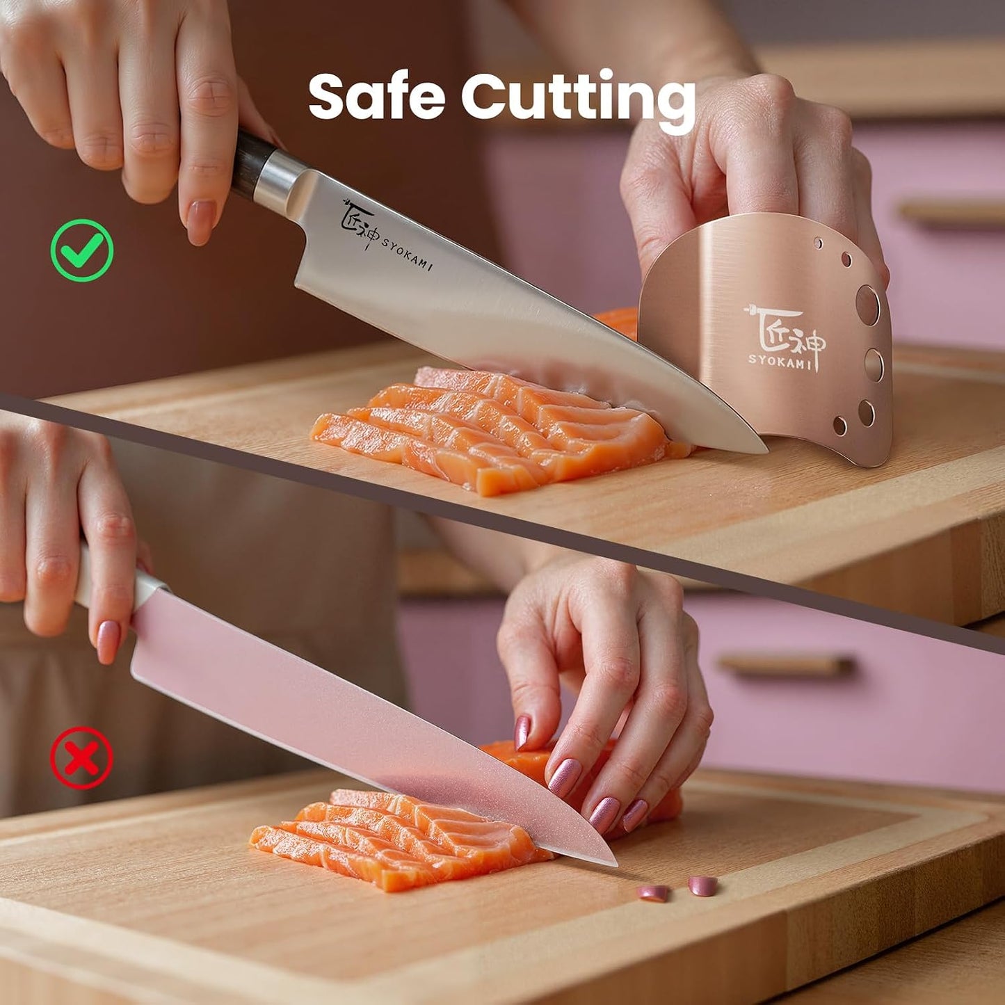 Finger Guards for Cutting Food-Finger Protectors with Herb Stripper | Stainless Steel | 2 Pcs | Adjustable Size | Rose Gold | Protecting Fingers and Nails | Gift Box for Couple Women Mom Wife
