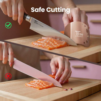 Finger Guards for Cutting Food-Finger Protectors with Herb Stripper | Stainless Steel | 2 Pcs | Adjustable Size | Rose Gold | Protecting Fingers and Nails | Gift Box for Couple Women Mom Wife