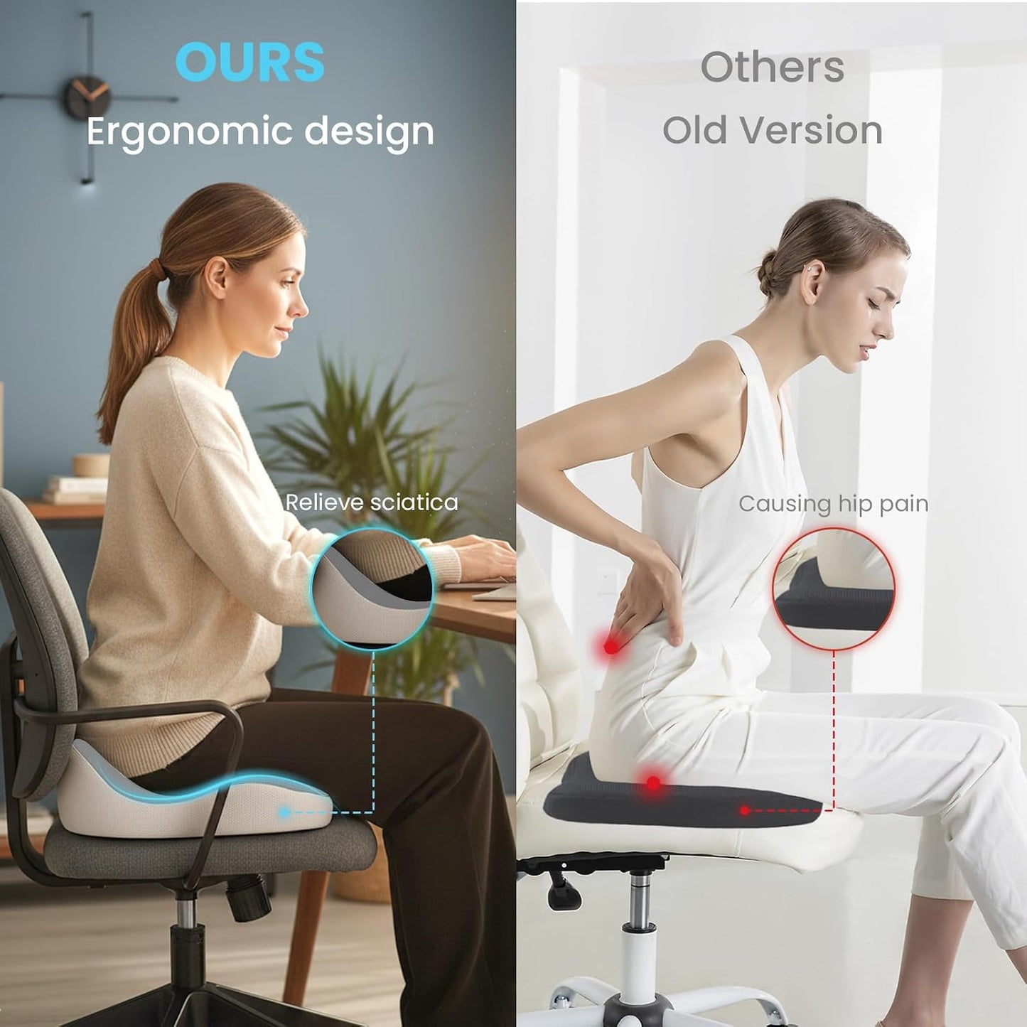 Seat Cushion, Memory Foam for Sit Bone and Back Pain Relief | Dual-Hole Ventilation, Coccyx,Sciatica and Tailbone Hip Relief ,Posture Support ,Office Chair and Car Seat,Home Use