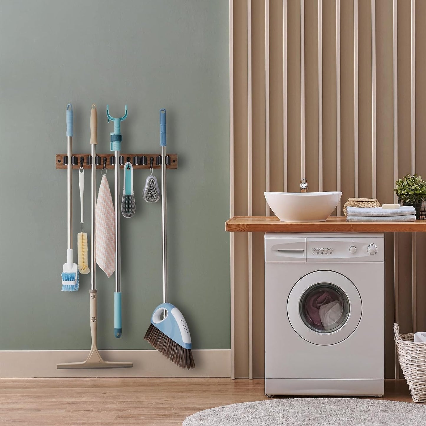 OUTNILI Mop and Broom Holder Wall Mount - Wood Broom Mop Hanger - Wall Mounted Garden Tool Rack Organizer for Closet Garage Laundry Room, Rustic Kitchen Decor With 4 Slots & 4 Hooks