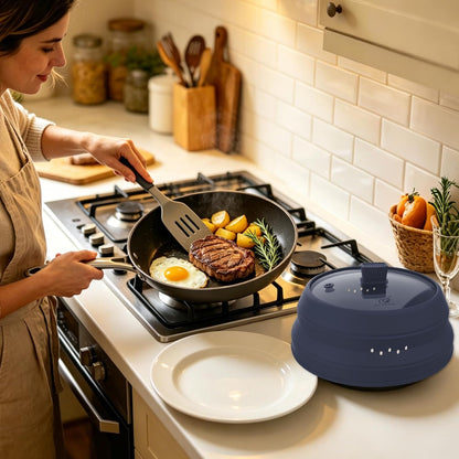 Microwave Splatter Cover Glass Guard Lid with Collapsible Silicone for Food Pot Plate Cover 9.8 inch Dark Blue