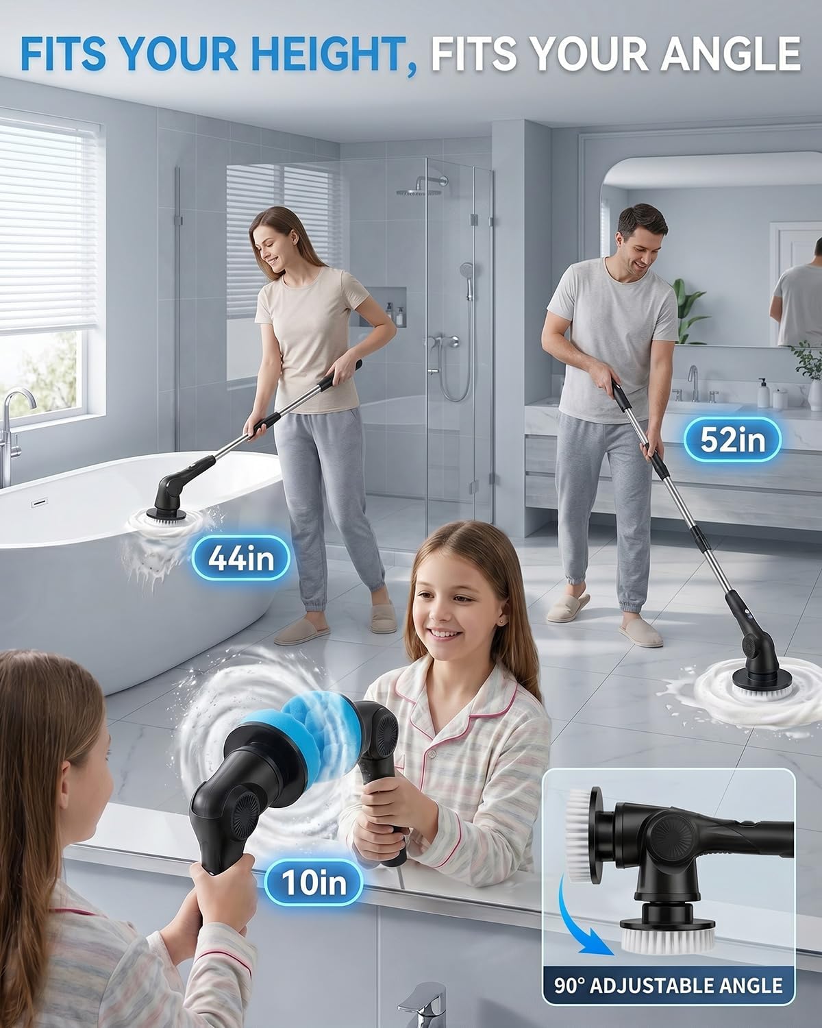 Electric Spin Scrubber, 3-Speed Shower Scrubber with Long Handle & 10 Replaceable Brush Heads, Cordless Full-Body IPX7 Waterproof Shower Cleaner Brush with 90 Mins Runtime for Bathroom