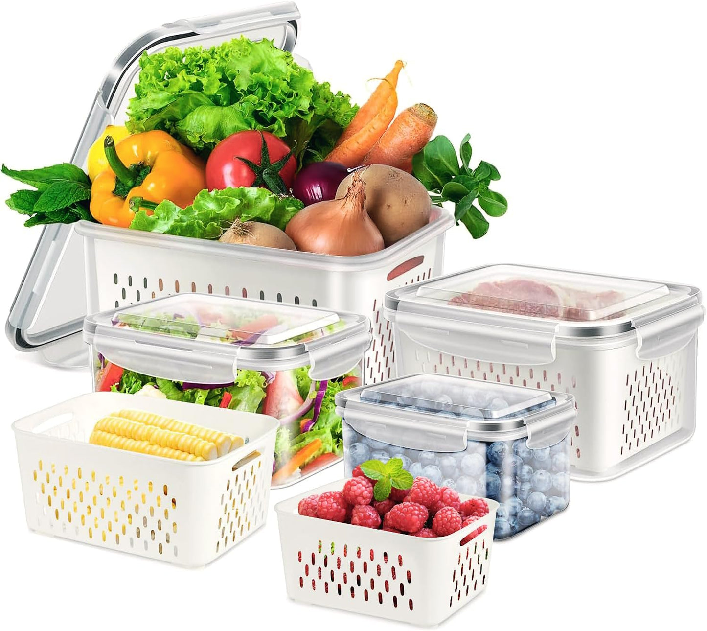 8 Pieces Fruit Storage Containers for Fridge with Lids and Strainer | 4Pack Fruit Containers for Fridge, Fresh Produce Saver Keeper for Vegetable Fruit Salad, BPA Free Organizer for Refrigerator