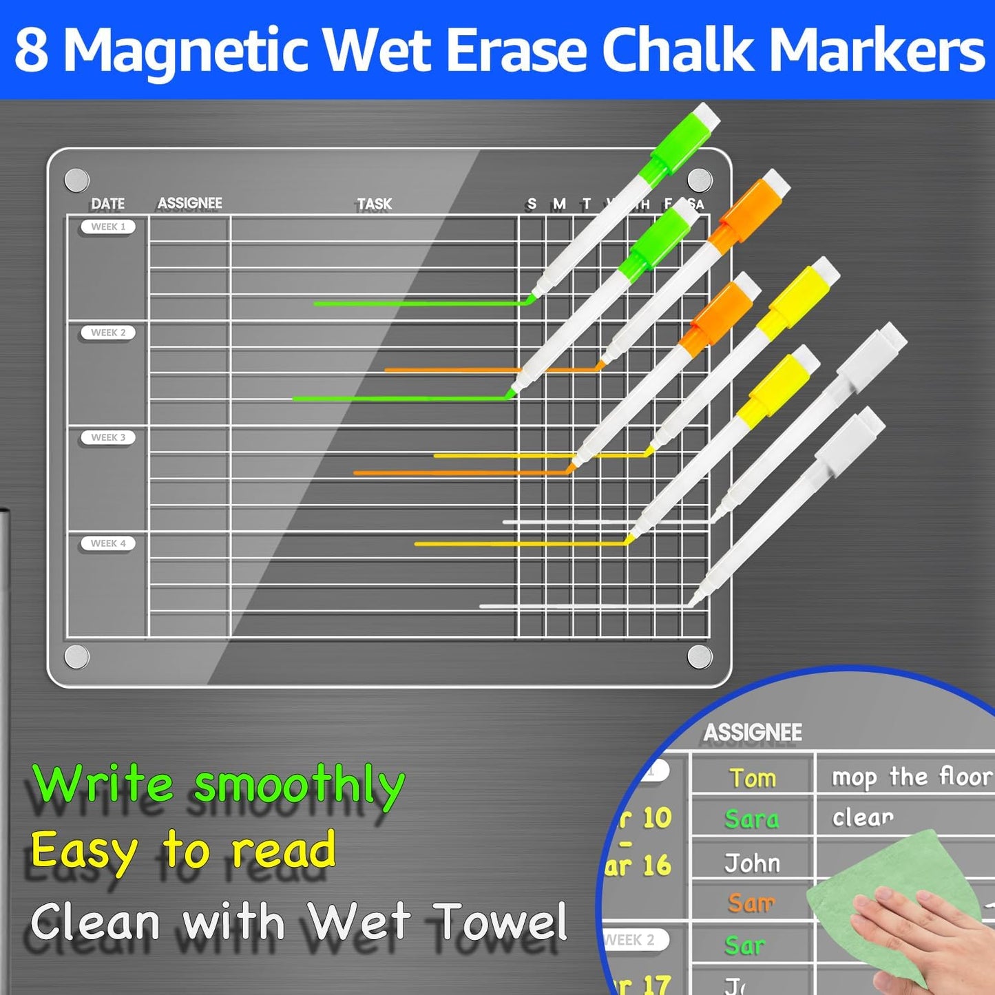 PigPotParty Acrylic Magnetic Chore Chart for Kids, 12x9.5 Inch, 2 Pack | Sleek Clear Acrylic Design, Reward System Builds Habits, Built-In Magnets Require No Installation, 8 Wet-Erase Markers