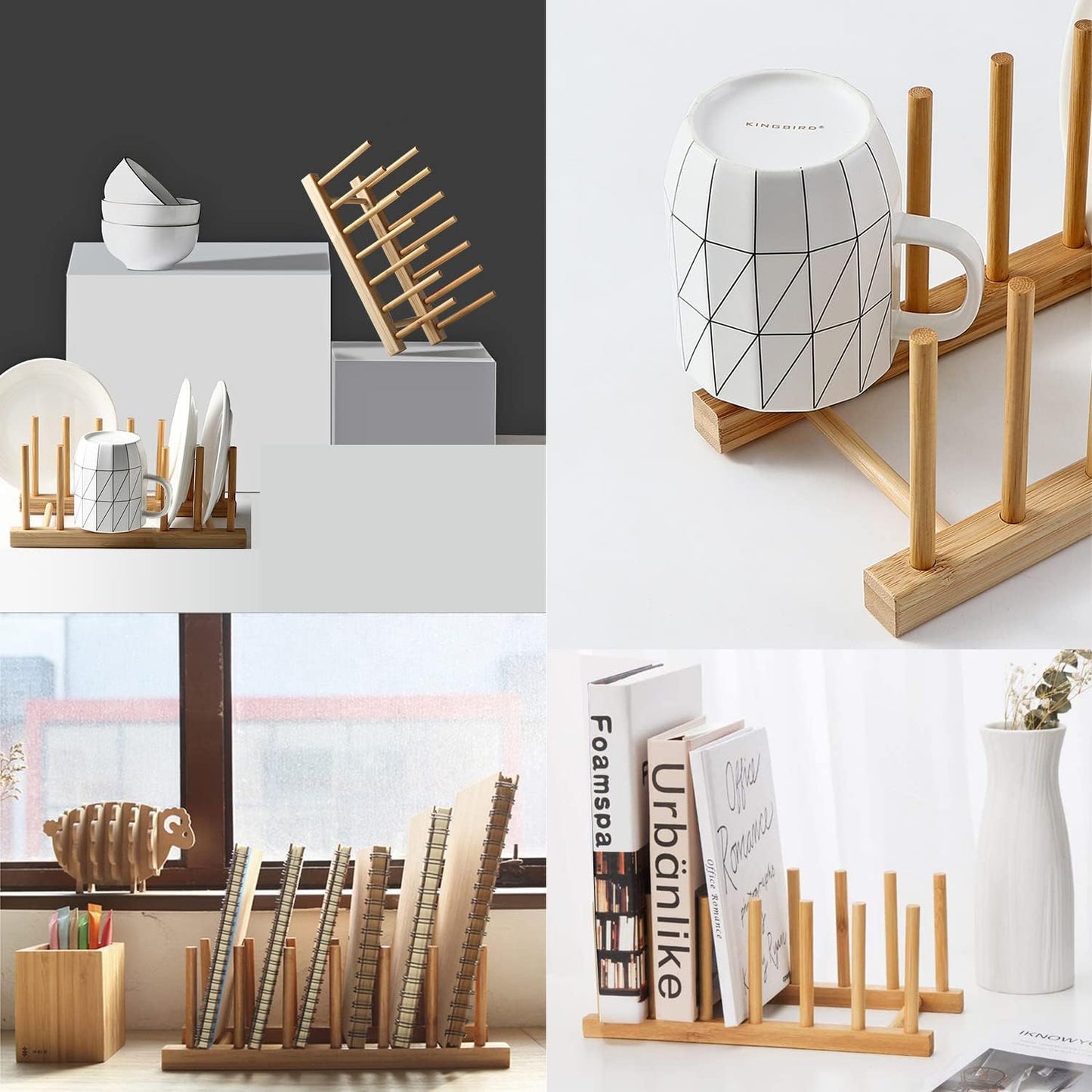 INNERNEED Bamboo Wooden Dish Rack, Vertical Plate & Lid Organizer | for Kitchen Cabinet or Countertop, Drying Stand for Dishes, Cutting Boards