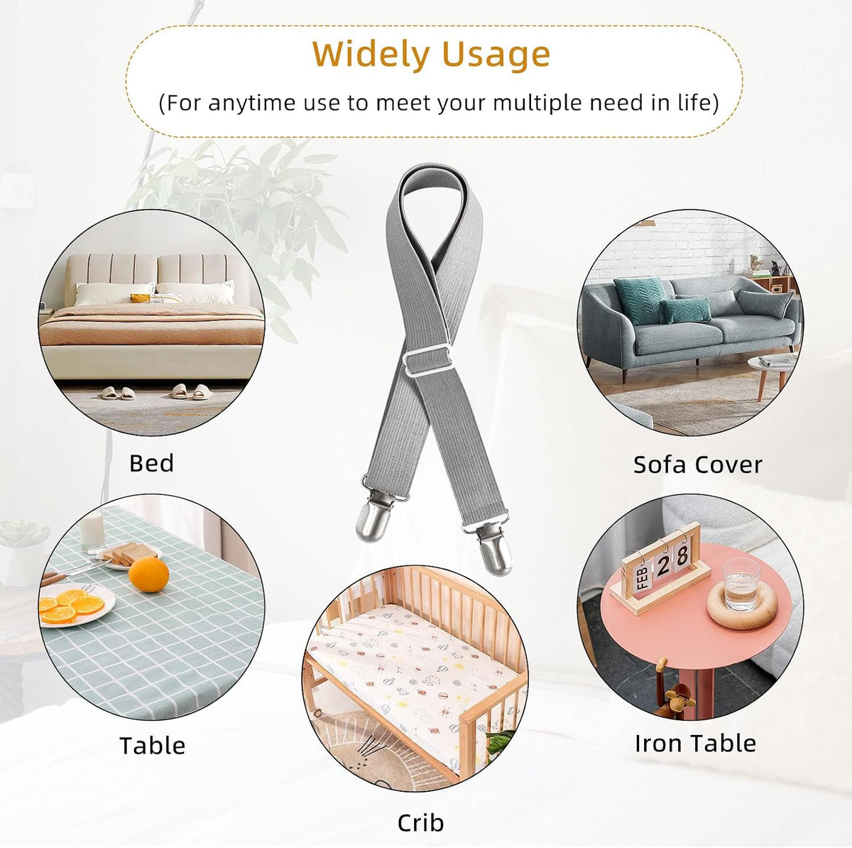 Adjustable Bed Sheet Straps Clips, Elastic Mattress Sheet Fasteners Holder and Suspenders, Grippers to Hold Sheet, Mattress, Sofa, Couch, Table Cloth, Ironing Board Cover, Black