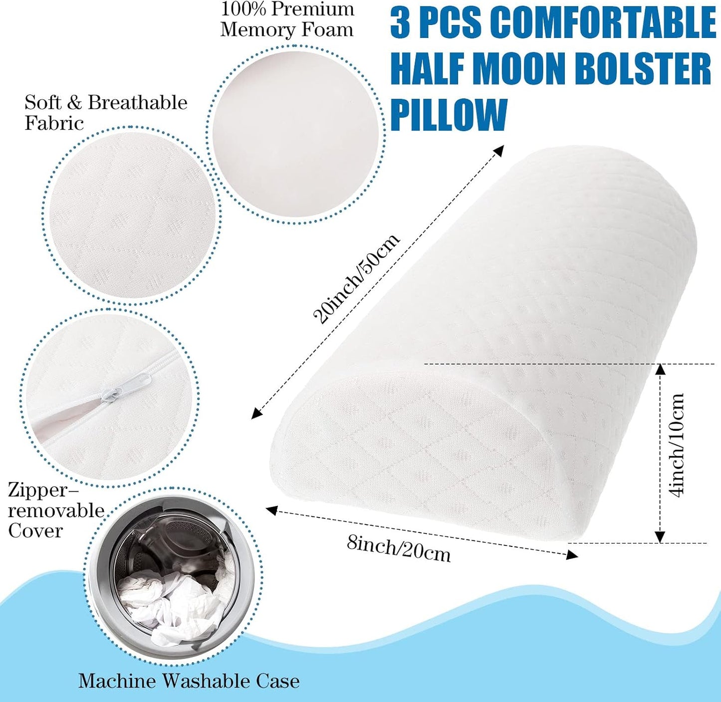 Maitys 3 Pcs Half Moon Bolster Pillow for Legs Memory Foam Leg Pillows for Sleeping Knee Neck Lumbar Support Back and Head Semi Roll for Ankle, Foot Comfort, Pregnant, Recovery, Washable Cover