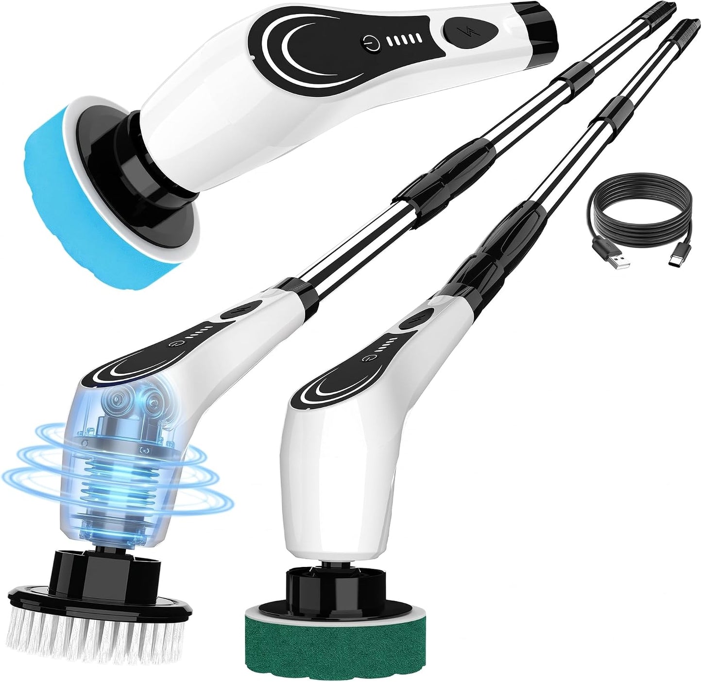 Electric Spin Scrubber, Cordless Power Scrubber with 7 Replaceable Brush Heads, 2-Speed Adjustable Handle, IPX7 Waterproof Shower Scrubber for Bathroom, Tile, Tub, White-rx2