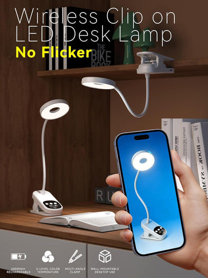 Clip On Desk Lamp Wireless 6000mAh Rechargeable LED Reading Light 3 Colors | Clip-On Light Works As Desk Lamp, Bed Headboard Light, Dorm Study Lamp And Book Light; Fits Home, Office,Camping & More