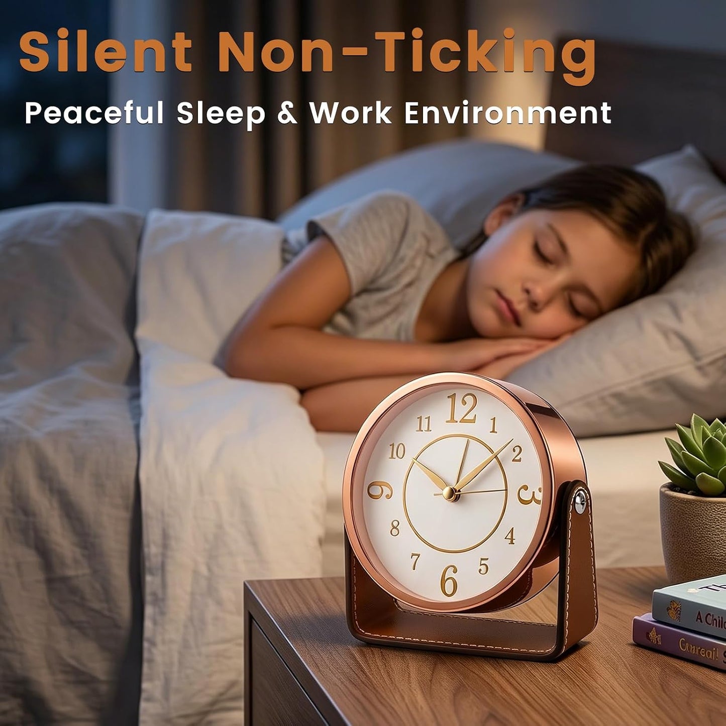 Analog Alarm Clock - 4.5" Silent Non Ticking Small Clock with Light, Rotatable Stand Metal Desk Clock Battery Operated, Simple Design for Living Room Decor/ Bedroom/Bedside/Shelf (Black & White)