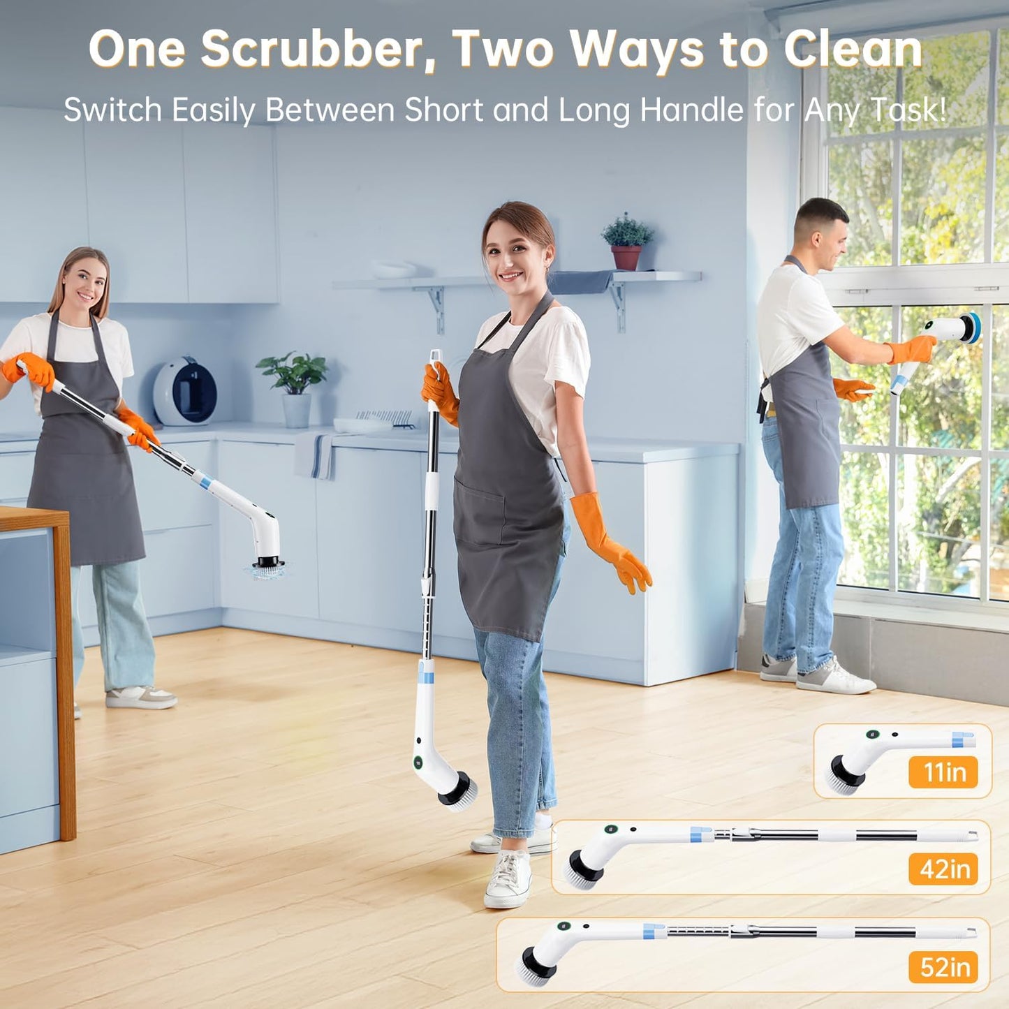 PUFTEM Electric Spin Scrubber, Cordless Shower Scrubber, Adjustable Handle | Dual Speed, 8 Replaceable Brush Heads, Adjustable Extension Handle, Battery Level Display, Bathtub, Tile & Floor Cleaning