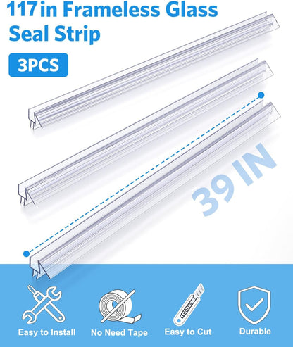 Delamu 3-Pack Shower Door Bottom Seal, 3/8''× 39'' Shower Door Sweep Strip | Shower Seal Strip for 3/8'' (10mm) Doors, Frameless Glass Shower Door Seal Strip Stop Shower Leaks and Create a Water Barrier