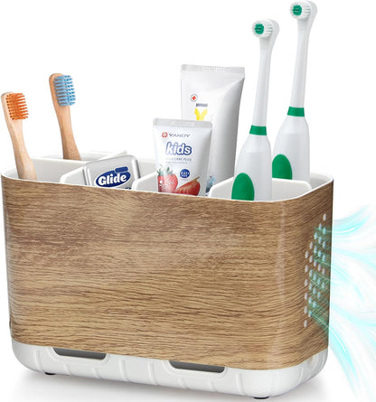Boperzi Toothbrush and Toothpaste Holder Drainage for Bathroom Countertop with Adjustable Dividers, Large Toothpaste Caddy Organizer Storage Rustic Decor Set Anti-Slip for Shower,Family,Kids Gray