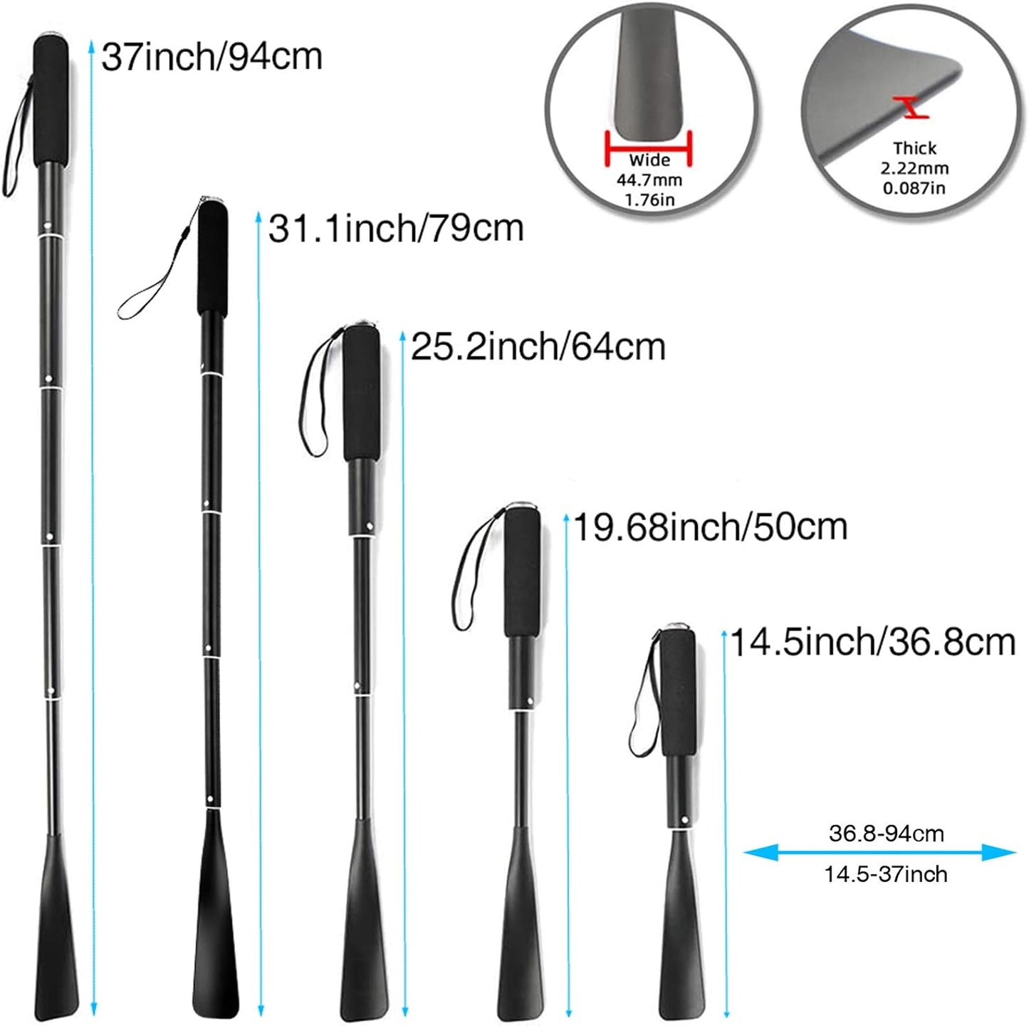 JJDPARTS Shoe Horn Long Handle,14.5"-37" Retractable Shoe Horn,Aluminum Shoe Horn For Men Women Kids Seniors