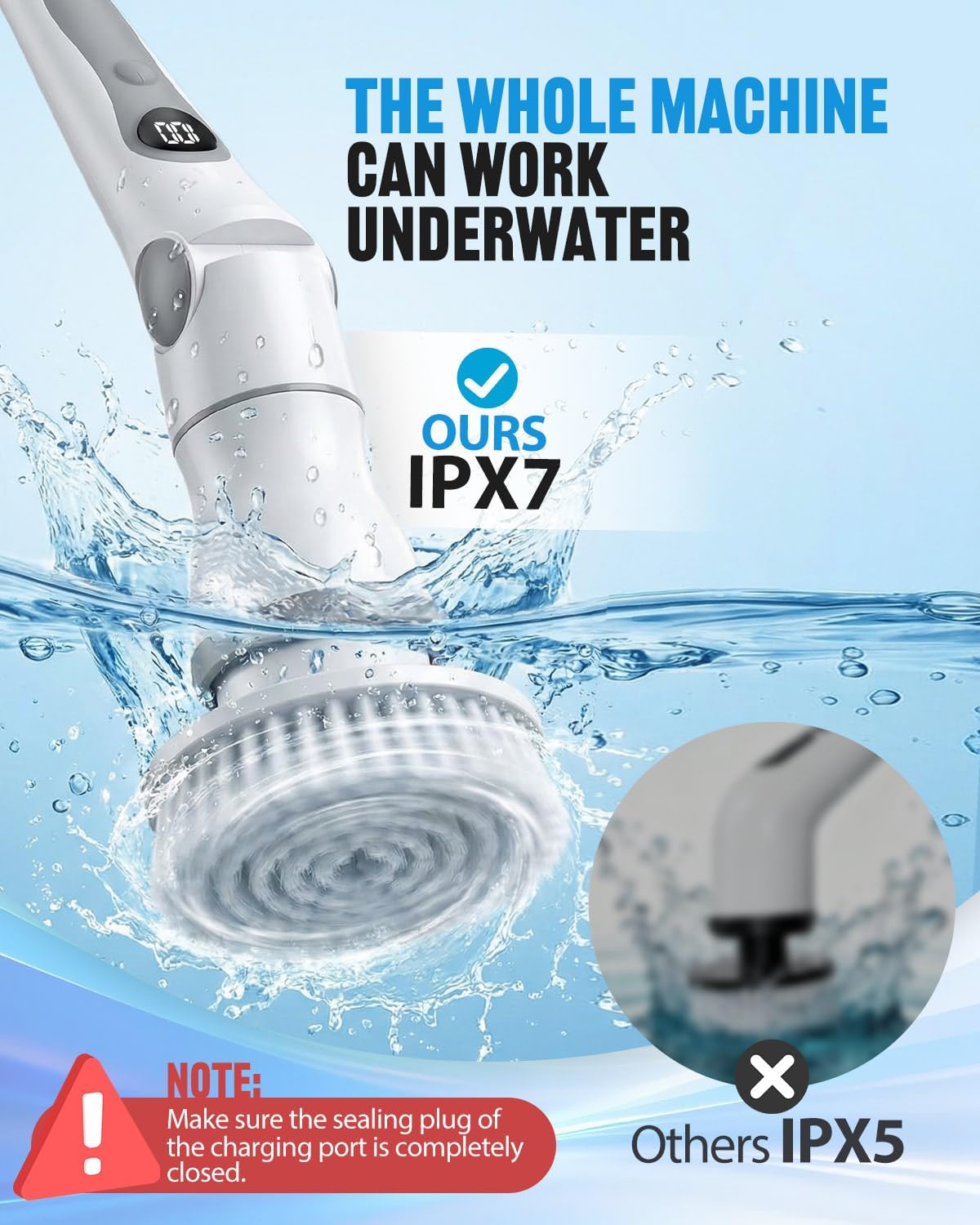 Electric Spin Scrubber, Cordless Shower Scrubber with 8 Replaceable Brush Heads, Adjustable Long Handle Bathroom Scrubber, 3 Speeds LED Display, IPX7 Waterproof Cleaning Brush for Bathtub Tile Floor