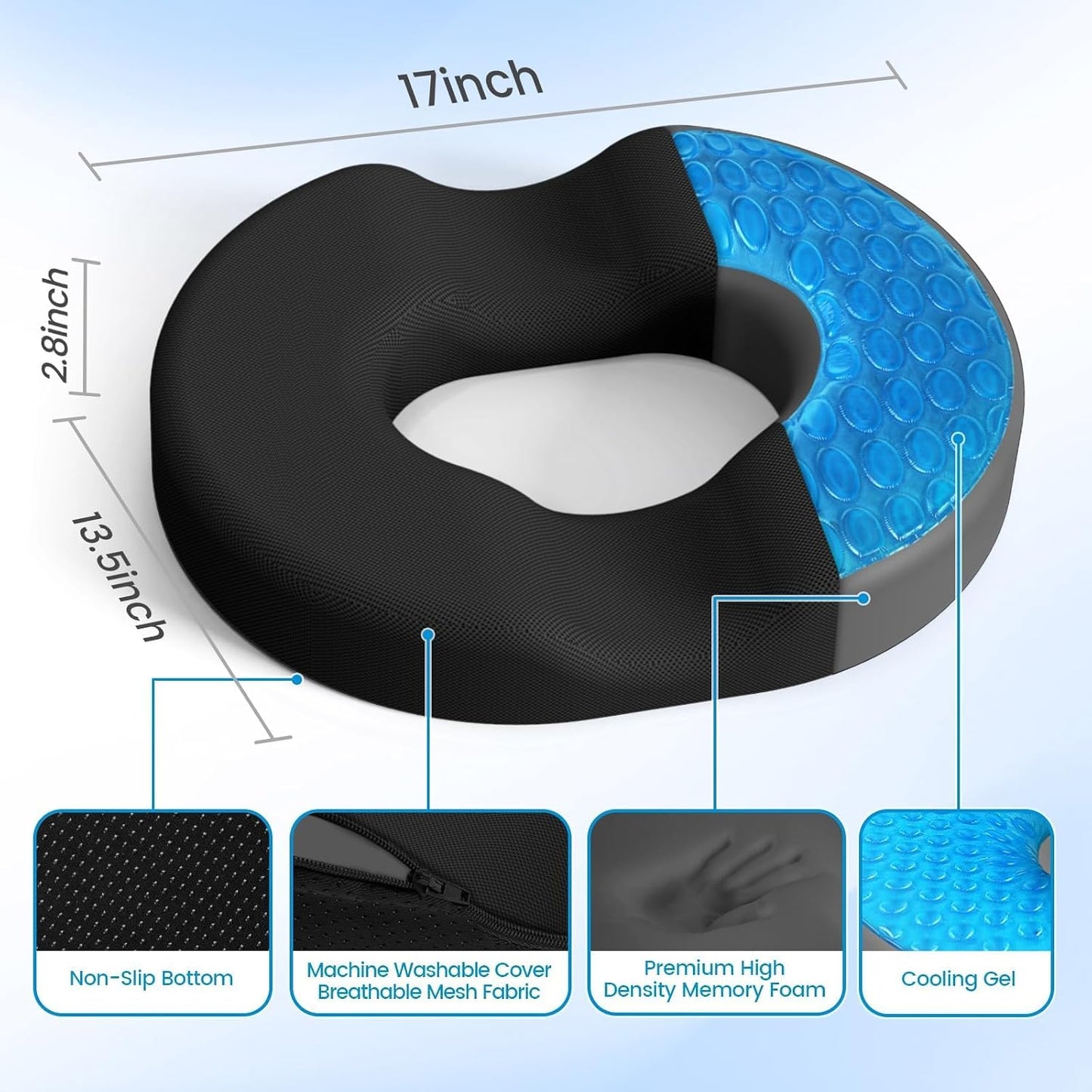 Donut Pillow Seat Cushion, Cooling Gel Memory Foam Chair Cushion, Black | Office, Home & Car Seat Cushion, Butt Pillow for Tailbone Pain Relief, Hemorrhoids and Everyday Sitting Comfort
