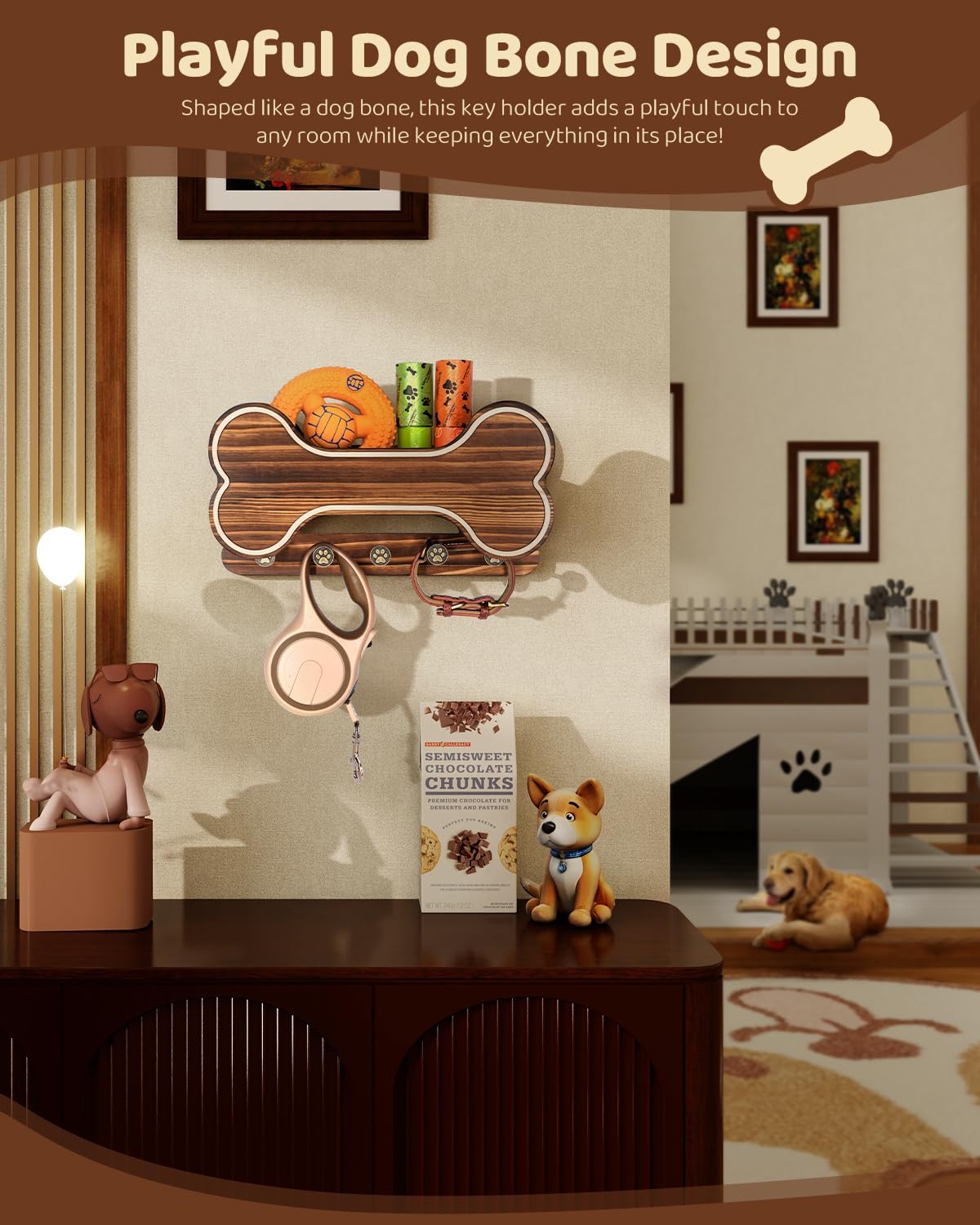 MTERSN Dog Leash Holder for Wall with Key Hooks for Dog Gear Storage, Brown | 3D Puppy Paw Hooks, Doggie Bone Shape, Key Rack with 5 Hooks, Wall Shelf for Treats & Dog Food, Ideal for Wall Decor