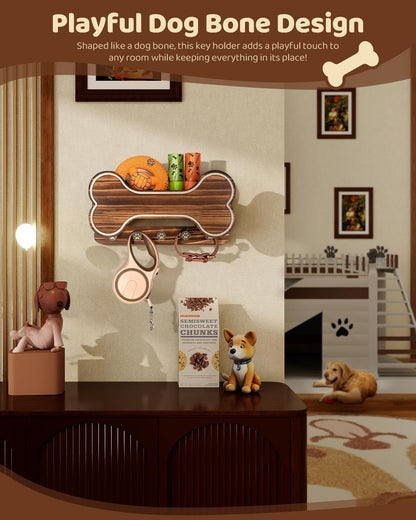 MTERSN Dog Leash Holder for Wall with Key Hooks for Dog Gear Storage, Brown | 3D Puppy Paw Hooks, Doggie Bone Shape, Key Rack with 5 Hooks, Wall Shelf for Treats & Dog Food, Ideal for Wall Decor