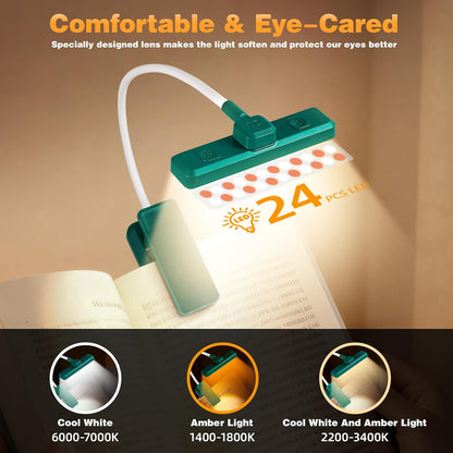 VAVOFO Rechargeable Book Light Rotatable：24 LEDs Reading Light, 3-Color & 9-Brightness Book Lamp, Eye Cared 120Hrs Runtime Lightweight Clip on Led Light for Book Lovers (Black)