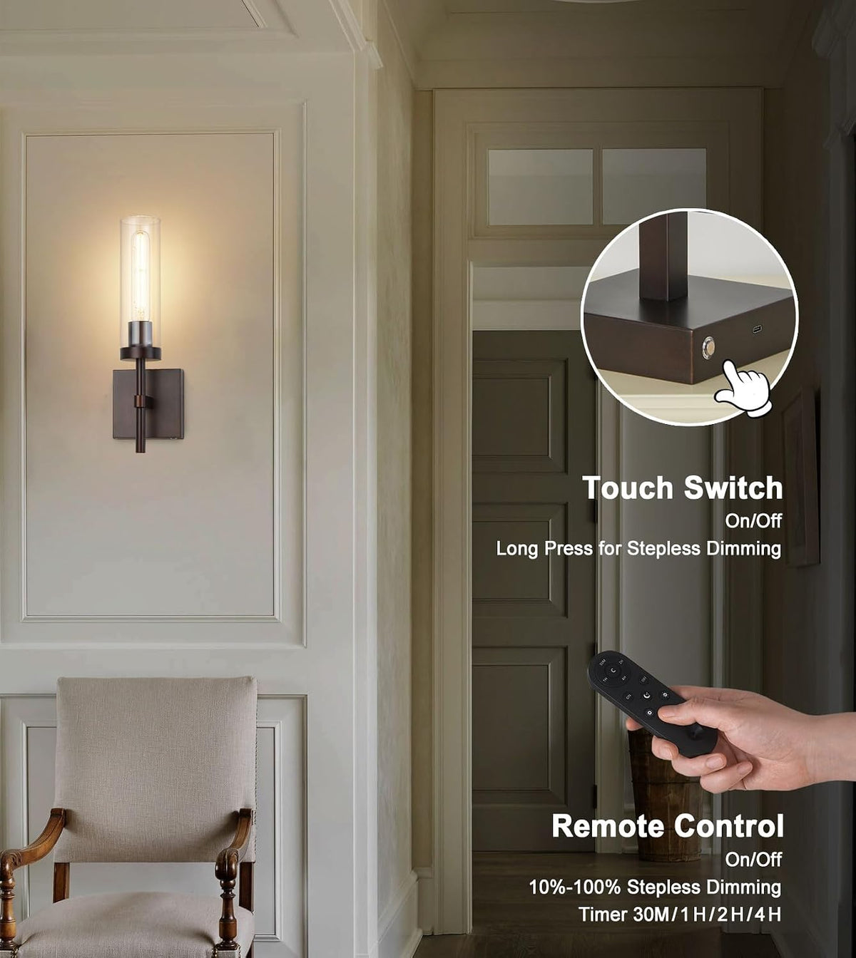 Wireless Wall Sconces with Remote Control, Battery Operated Wall Sconce Set of 2, Black & Gold Rechargeable Dimmable Wall Light for Bedroom Living room Bathroom Hallway Entryway Stairwell, 3000K