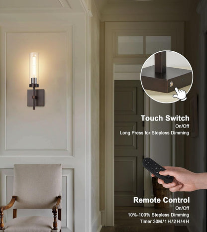 Wireless Wall Sconces with Remote Control, Battery Operated Wall Sconce Set of 2, Black & Gold Rechargeable Dimmable Wall Light for Bedroom Living room Bathroom Hallway Entryway Stairwell, 3000K