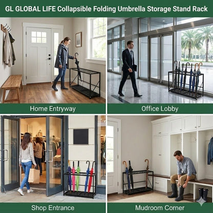 Folding Umbrella Storage Stand Rack Holder Organizer Free Standing Industrial Umbrella Rack for Entryway Home Commercial Office Hotel Entry Hallway Patio Décor with Removable Drip Tray