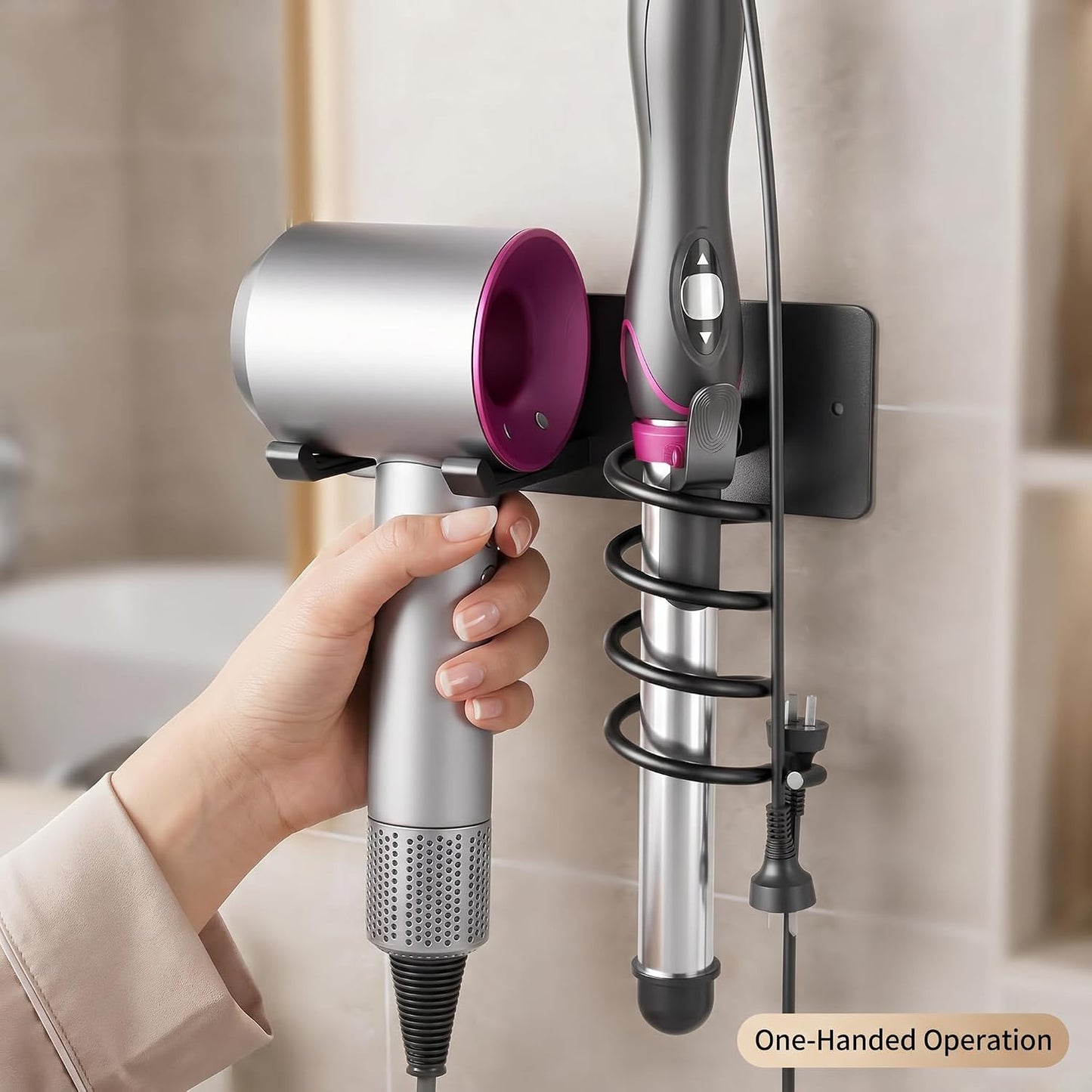 Universal Hair Dryer Holder, Self Adhesive Wall Mount, White | Universal storage rack fits most brand blow dryers, ideal for bathroom organization