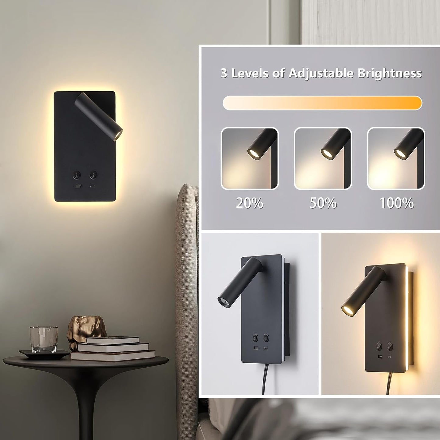 MOLUOLA LED Wall Lamp Wall Mounted Reading Lights, Adjustable Headboard Plug in Wall Sconce with USB C+A Ports, Headboard Bedside Lamp with 9W+3W Night Light 3000K (White)