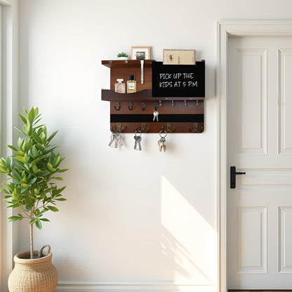 Key Holder for Wall Mount with Shelf and Mail Organizer, Key and Mail Holder with 16 Hooks, Farmhouse Entryway Organizer, Home Decor Rack (Pine Wood, White Washed)