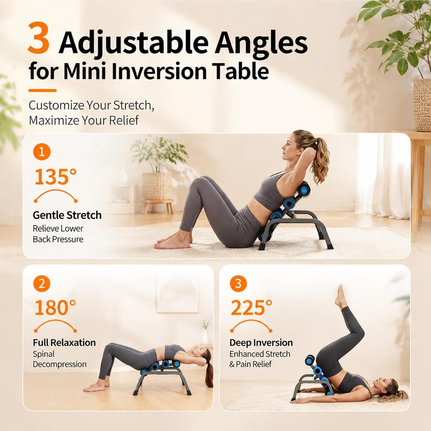 Mini Inversion Table with Rollers, Spinal Decompression Table Rollers | Back Extension Machine for Back Pain Relief, Easy to Assemble & 297 Weight Capacity, Home Gym Equipment
