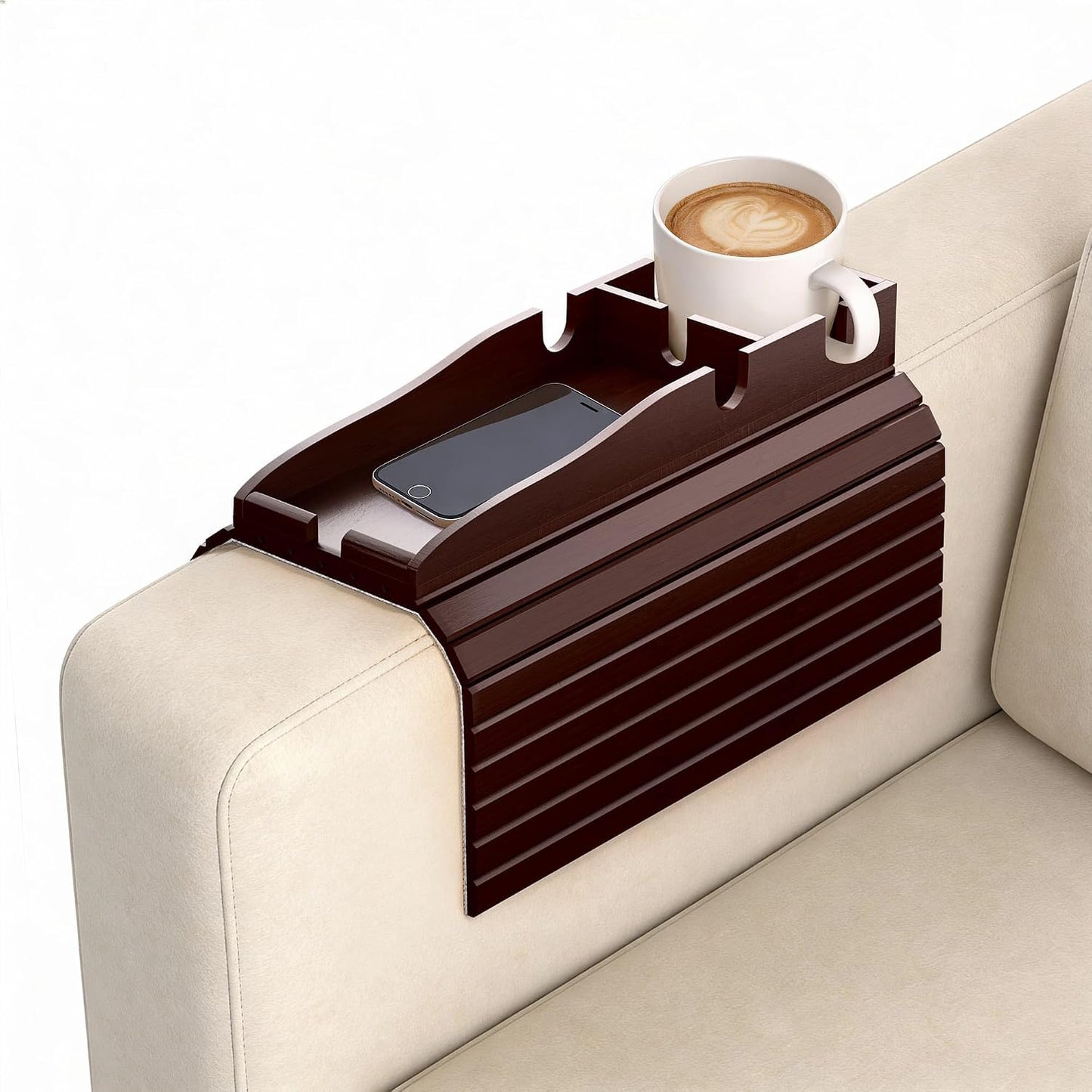 Korser Couch Armrest Table, Sofa Arm Tray with Removable Cup Holder, 2 in 1 Anti-Slip Armrest Tray Table for Couch, Bamboo Foldable Couch Cup Holder for Drinks Snacks Phone Remote Control