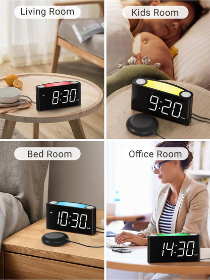 Extra Loud Vibrating Alarm Clock with Bed Shaker for Heavy Sleeper Deaf Hard of Hearing, Large LED Display Digital Clock for Bedroom,Dimmer,Night Light,USB Phone Charger,Battery Backup,Senior Teen Kid