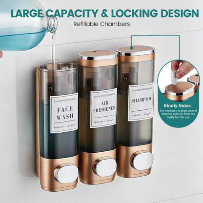 Wall Mounted Shower Soap Dispenser 3 Chamber,No Drill Shower Dispenser | Shampoo and Conditioner Dispenser for Bathroom Hotel Large Capacity, each 300ml with two waterproof labels,Gold