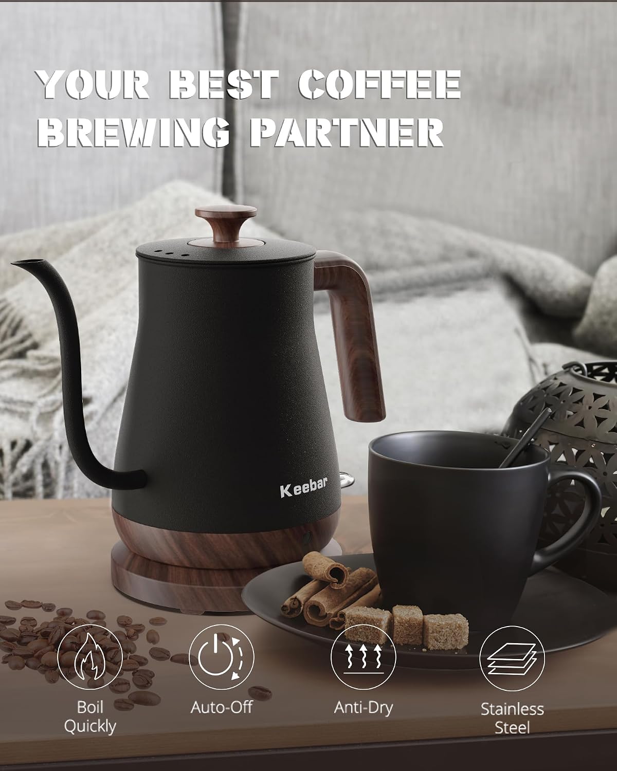 Gooseneck Electric Kettle, 0.8 L, 1000 W, Auto Shut-Off, Light Green | Compact 0.8 L Kettle With Stainless Steel Interior, Gooseneck Pour, Wood-Grain Handle, Auto Shut-Off And Boil-Dry Protection