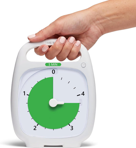 TIME TIMER PLUS 5 Minute Desk Visual Timer - Countdown Timer with Portable Handle for Classroom, Office, Homeschooling, Study Tool with Silent Operation (White)