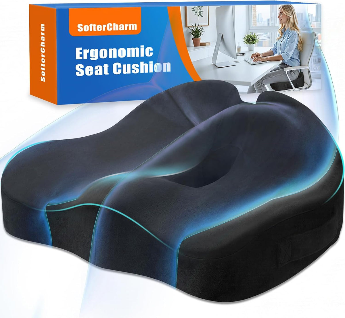 Memory Foam Seat Cushion for Office Chair & Car Seat, Black