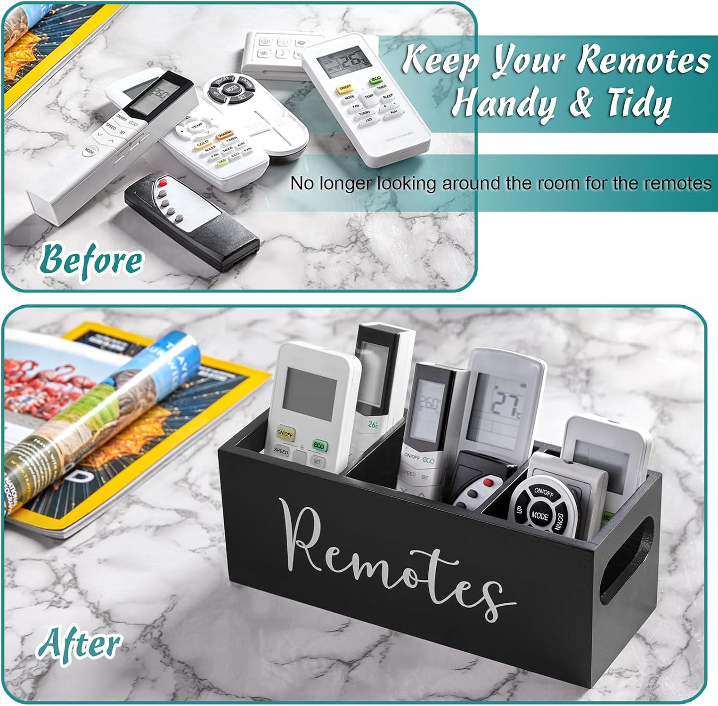 DRASTAR Remote Control Holder, Wood TV Remote Holder, Remote Storage Caddy, Remote Control Organizer (Black, 2 Slots)