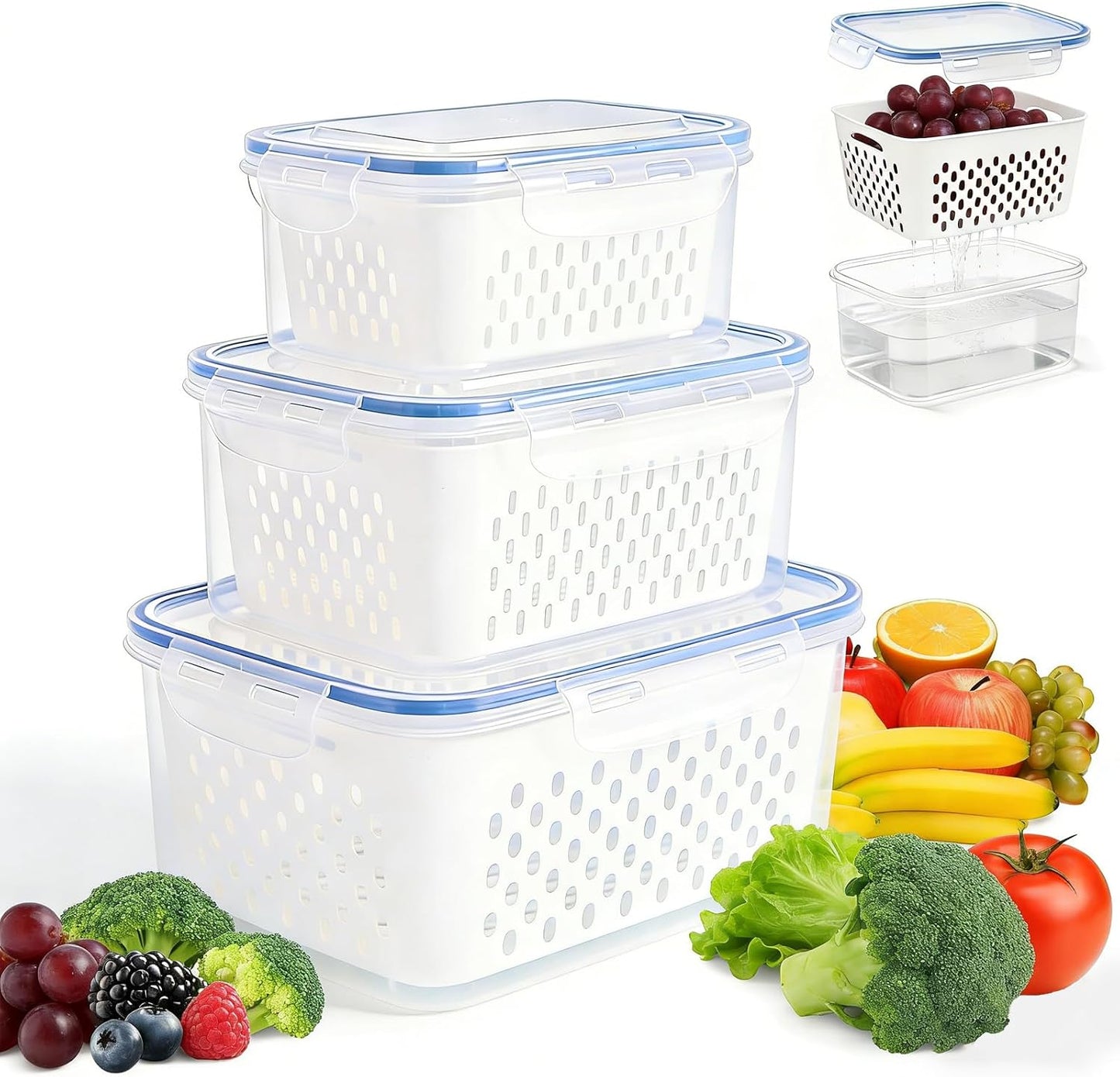 3PCS Fruit Storage Containers, Fruit Storage Containers With Lid And Colander, Household Transparent Plastic Food Storages Box-Including Drain Basket, Multipurpose Large For Fridge