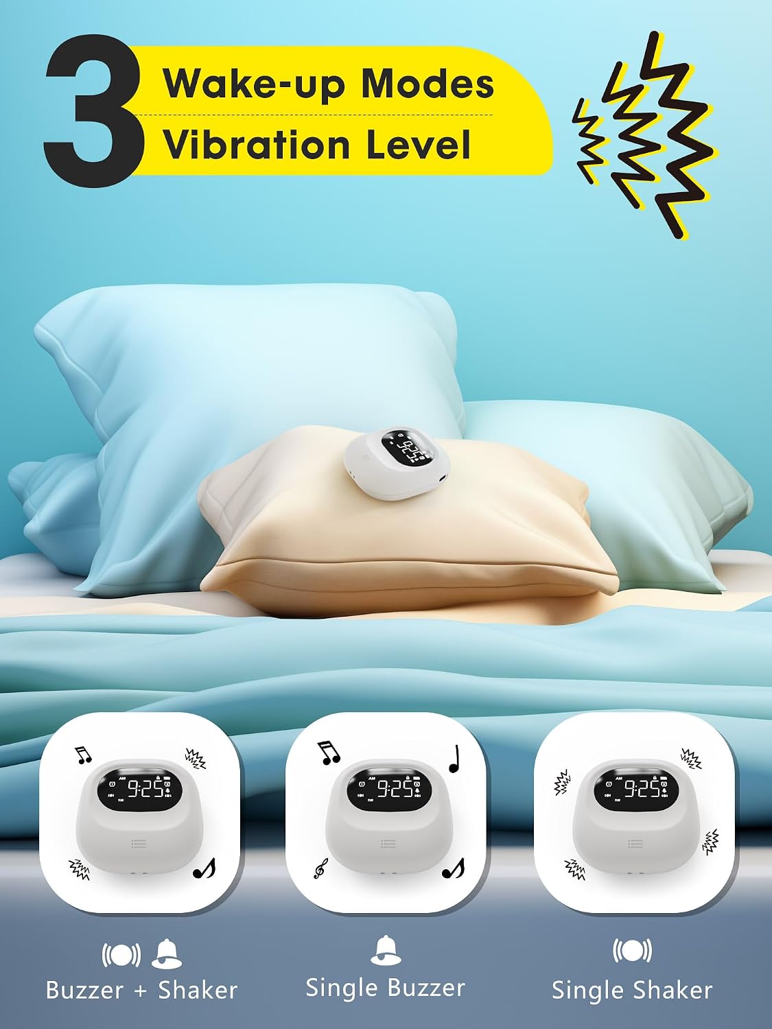 ROCAM Rechargeable Vibrating Alarm Clock Bed Shaker, 3000mAh Portable Dual Alarm Under Pillow for Teens, Adults, Deaf People, 160 Days Standby for Travel, Dorm, Home Use, White