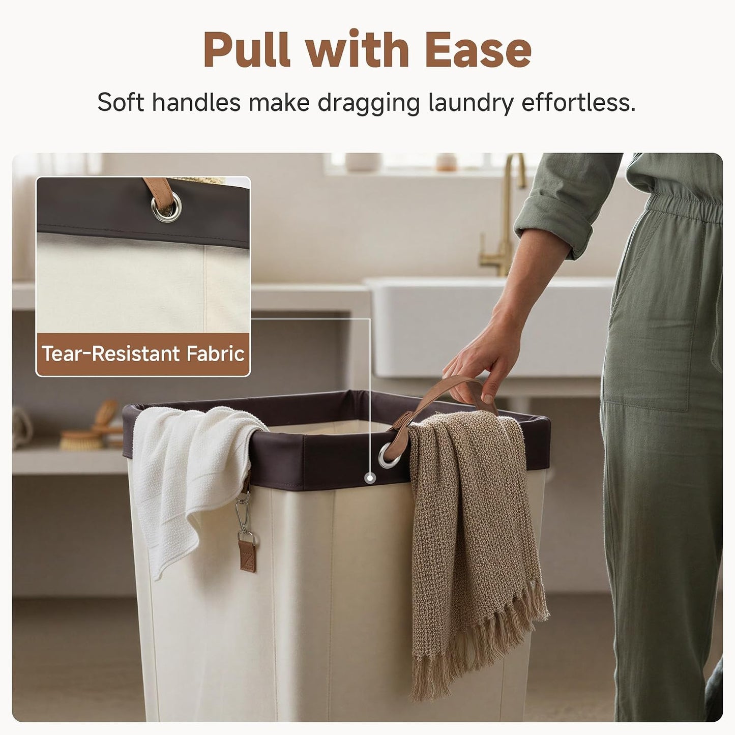 StorageWorks 160L Laundry Basket with Wheels, Rolling Hampers for Clothing | Beige Laundry Basket with Wheels, Metal Frame & Handles, Rolling Hamper for Bedroom, Bathroom, Dorm, Hotel