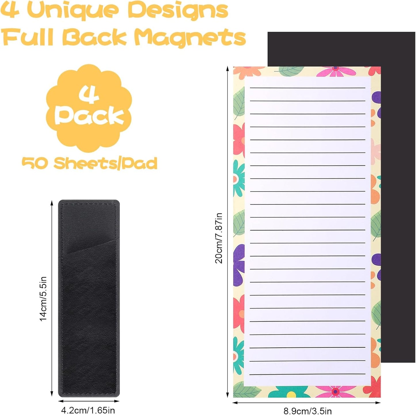 Thboxes 4 Pack Magnetic Note Pad for Fridge with Pen Holder, Totally 200 Sheets Grocery List Magnet Pad for Refrigerator Magnetic Shopping List Pad（Fruit Design） | Full-Back Magnet, 80Gsm FSC-certified Paper, School Office Home Supplies Grocery List